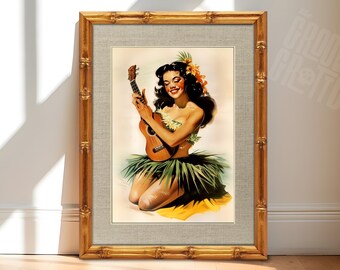 Vintage Hula Girl Art Print, Hawaiian PinUp with Ukulele, Retro Tiki Bar Decor, Tropical Wall Art, Mid Century Style Framed Canvas