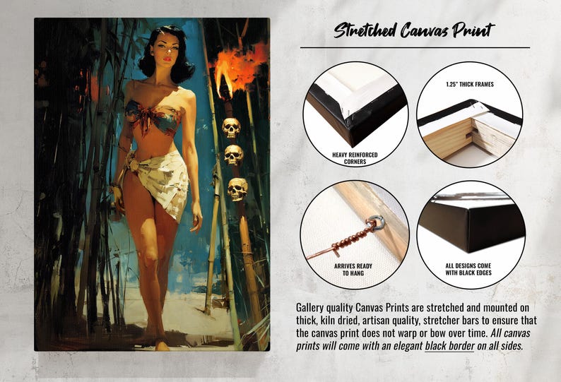 May include: A stretched canvas print featuring a vintage-style illustration of a woman in a tropical setting. The artwork includes a woman, bamboo, skulls, and flames. The canvas is mounted on a 1.25-inch thick frame with heavy reinforced corners.