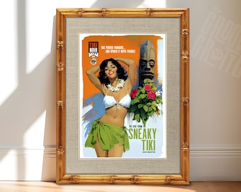 Sneaky Tiki Vintage Tiki Noir Pin Up Art Print Framed Canvas Retro Tropical Wall Decor Mid Century Hawaiian Style Pinup Illustration