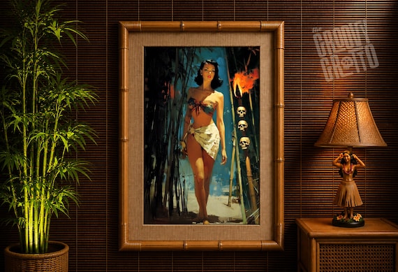 Vintage Pin-Up Tiki Art Print – Tropical Noir Femme Fatale, Skull Island Decor, Retro Exotic Wall Art, Dark Coastal Jungle Art by Doc Martin