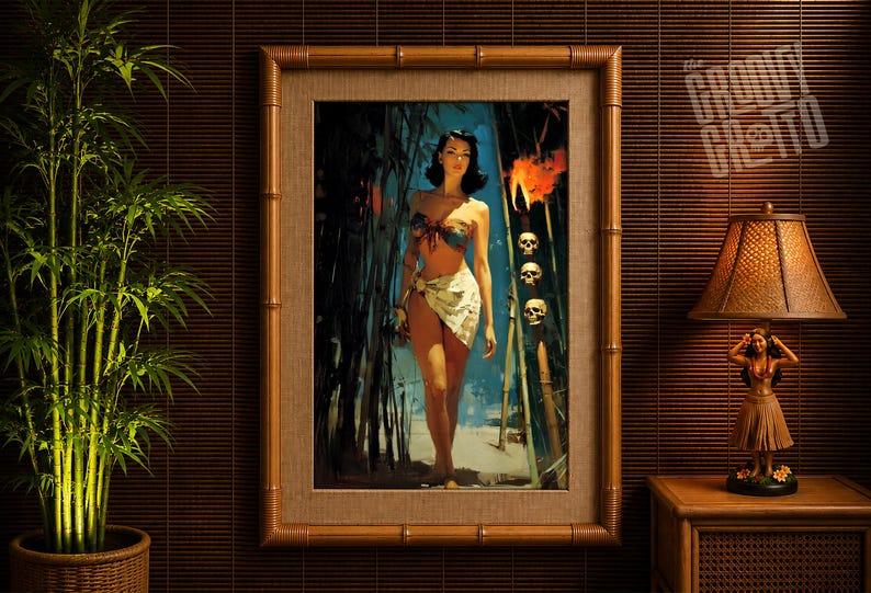May include: A framed vintage-style print featuring a woman in a tropical setting. The artwork is in a bamboo-style frame. The image includes a woman in a bikini and sarong, with skulls and flames in the background. The Groovy Ghetto logo is visible.