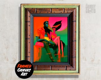 The Franks Monster Honeymoon Art | Genuine Vintage Wood Frame | One of a Kind Monster Couple Wall Art