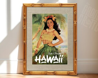 Vintage Hawaiian Pin-Up Art, Exotic Paradise Hula Girl Poster, Retro Tiki Bar Decor, Tropical Wall Art, Mid Century Style Print