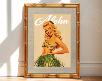 Vintage Hawaiian PinUp Print, Aloha Hula Girl Retro Tiki Bar Art, Mid Century Tropical Wall Decor, Gift for Tiki Lovers