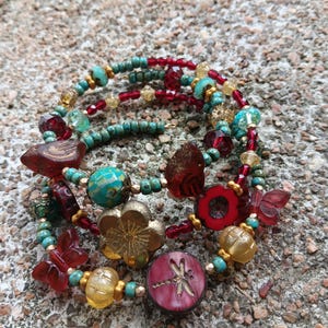 Czech glass turquoise and red beaded bracelet
