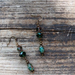 Beautiful Czech glass beaded antiqued green drop earrings