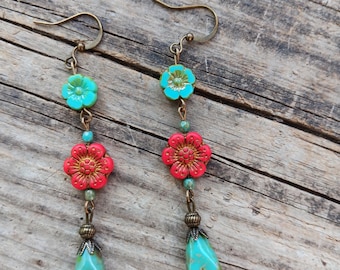 Beautiful Czech glass beaded turquoise and red dangle flower earrings