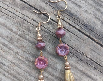 Beautiful Czech glass beaded mauve flower teardrop earrings