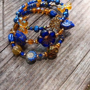 Beautiful czech glass beaded blue bracelet with antique gold accents