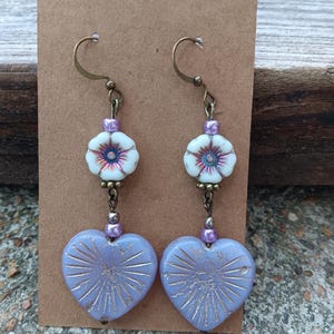 Czech glass purple heart earrings
