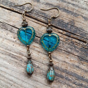 Beautiful Czech glass aqua blue dangle heart earrings