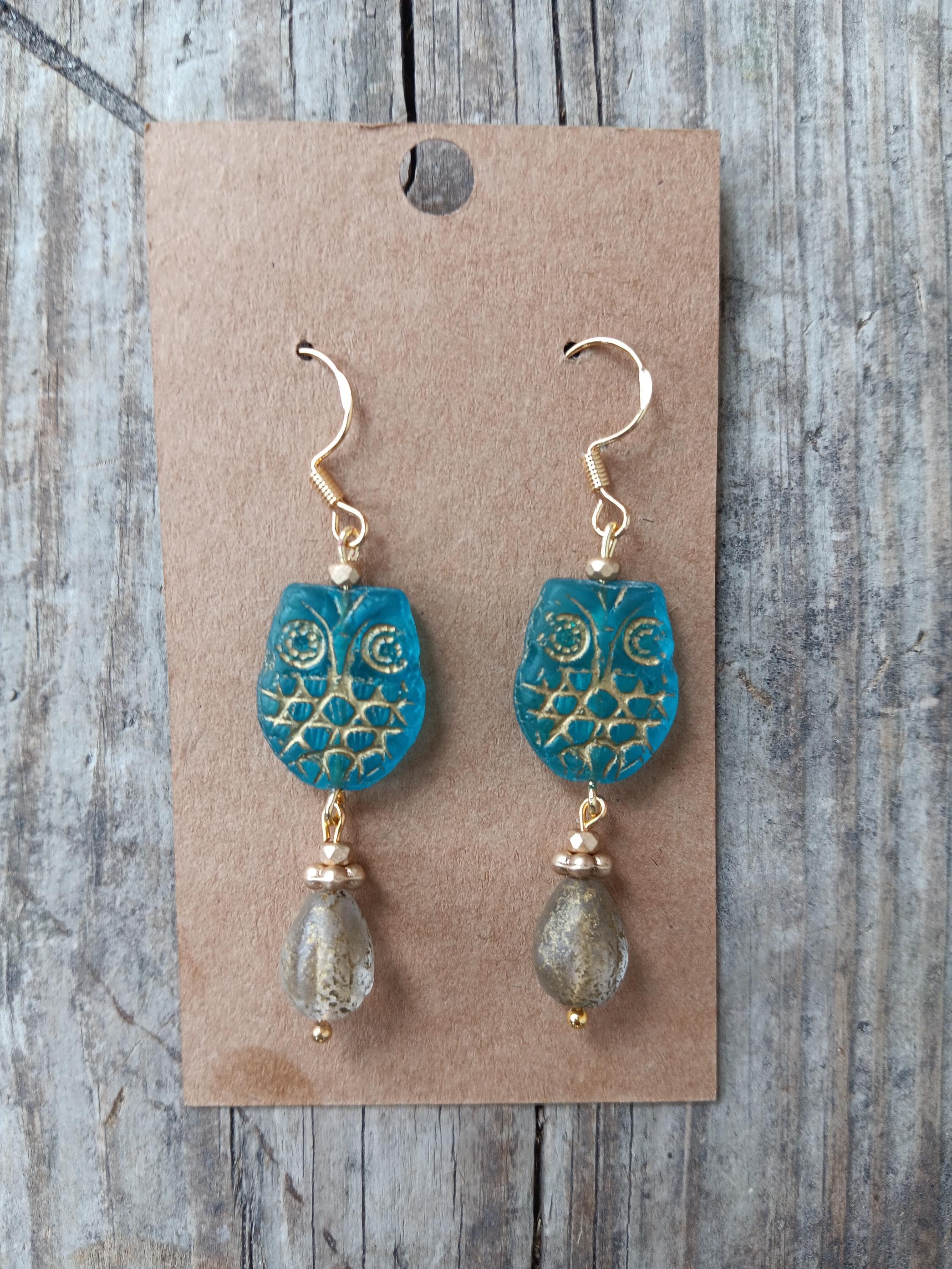 Czech glass blue and gold owl earrings