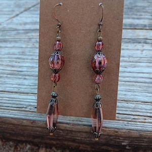 NEW----Beautiful Czech glass beaded pink/copper drop earrings