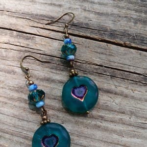 Lovely czech glass green heart earrings