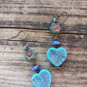 Beautiful Czech glass blue dangle heart earrings