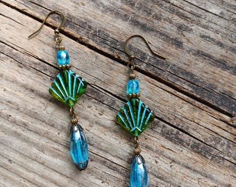 Czech Glass Beaded Dangle Earrings, Green & Blue (1033e40)