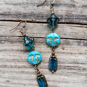 Beautiful Czech glass beaded blue moon and stars dangle earrings