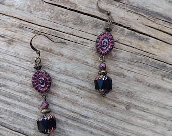 Beaded czech glass black and metallic rainbow eye earrings (ear1723e20)