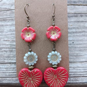 Czech glass beaded red heart dangle earrings