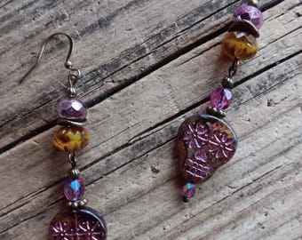 Czech glass beaded dangle topaz and pink sugar skull earrings (ear2483e40)