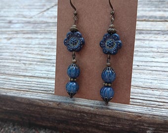 Czech glass beaded indigo flower and melon drop earrings (ear293e00)