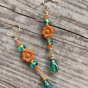 Beautiful Czech glass beaded dangle orange flower earrings