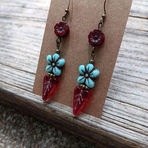 Beaded czech glass turquoise flower earrings