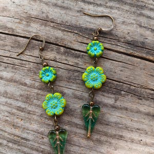 Beaded czech glass green flower earrings