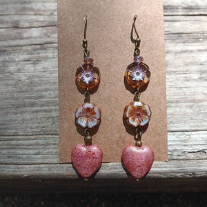 Beautiful Czech glass beaded dangle pink heart earrings