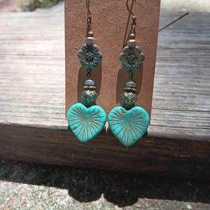 Beautiful Czech glass turquoise green dangle heart earrings