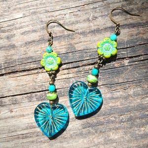 Beautiful Czech glass blue and green dangle heart earrings