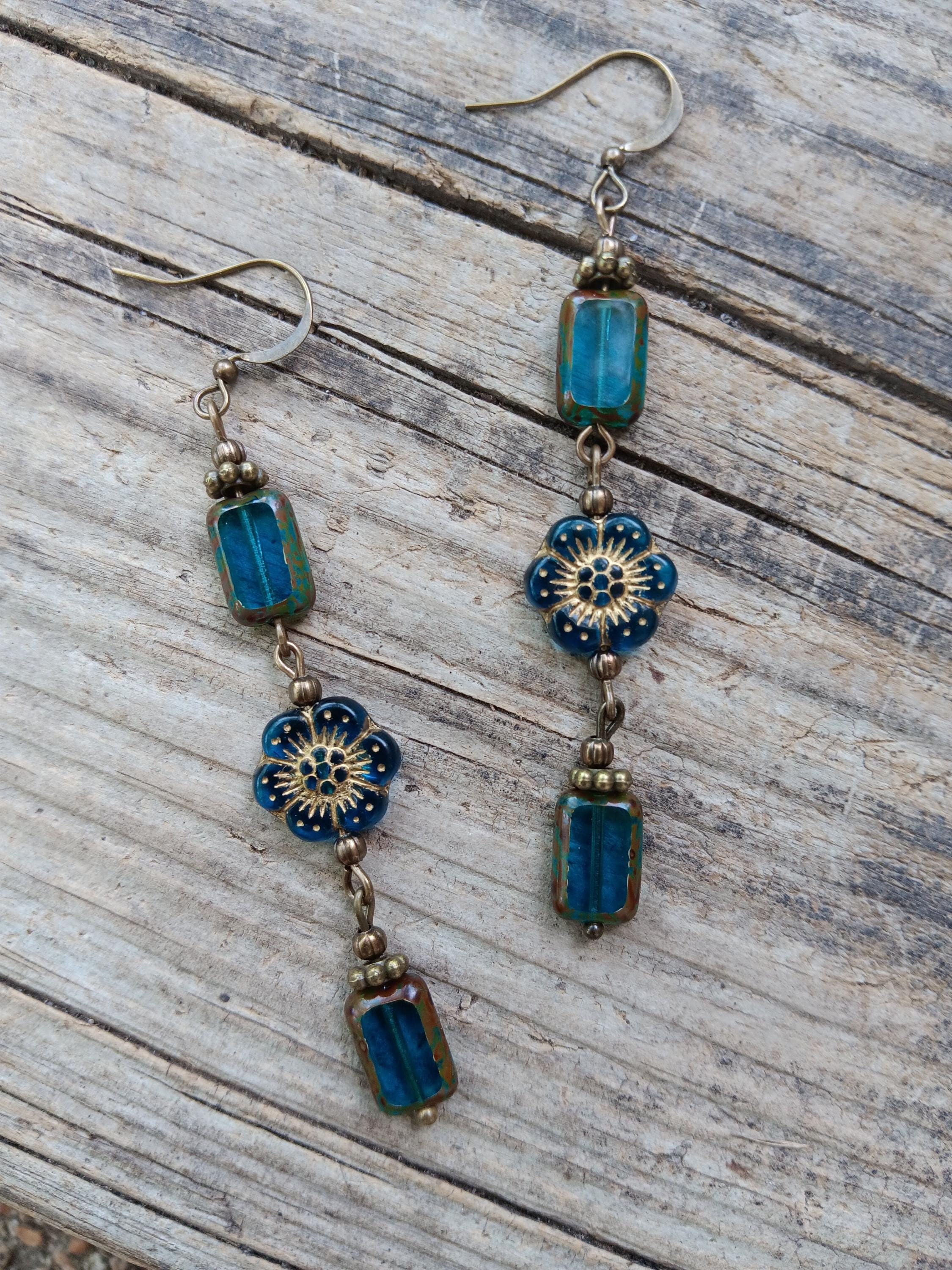 Beautiful Czech glass beaded dangle blue rectangle and flower earrings