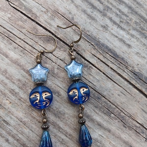 Beautiful Czech glass beaded blue moon and stars teardrop earrings