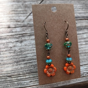 Beautiful Czech glass beaded dangle orange flower earrings