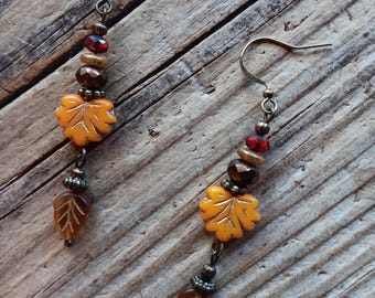 New! Beaded czech glass brown, gold, orange leaf earrings