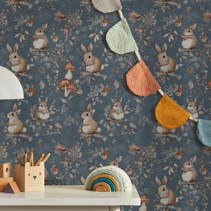 Carta da parati con coniglietti del bosco, carta da parati adesiva con conigli, decorazione murale con foresta per bambini, decorazione rimovibile con animali per la cameretta dei bambini / carta da parati adesiva