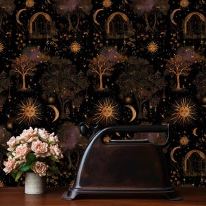 Carta da parati Mystic Forest, murale con sole e luna celestiali, carta da parati boho scura staccabile e attaccabile, decorazioni magiche per la cameretta dei bambini / carta da parati staccabile e attaccabile