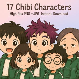 17 Chibi Characters • Anime-Inspired Game Squad Printable PNG JPG • Kawaii Clipart • 4K High Res • Instant Download • Merch Stickers Tshirt