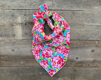 Bright Pink & Blue Floral Spring Flowers Tie On Dog Bandana