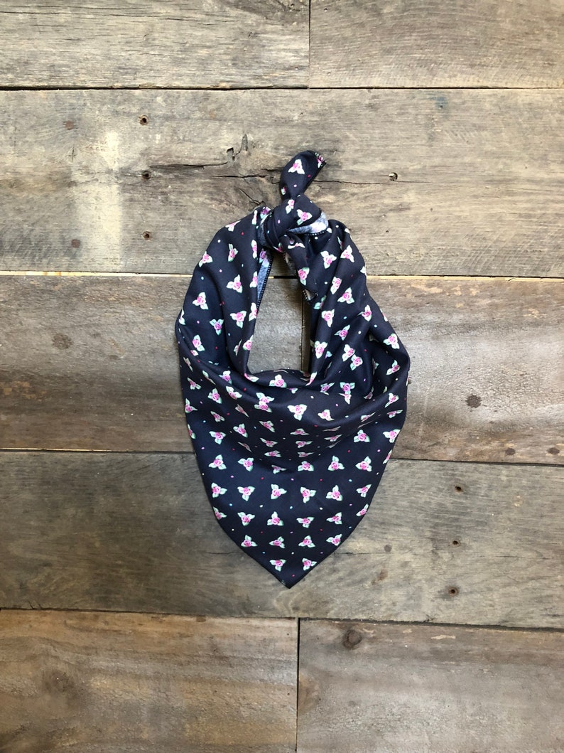Navy Vintage Floral Flowers Rose Rosette Tie On Dog Bandana