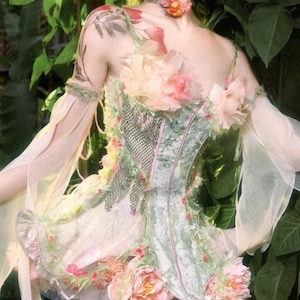 Märchen Korsett Kleid Waldgeist Blumengöttin Fee Kleid Fantasy Stil Kleid | Cottagecore Korsett Kleid | Fairycore Chiffonrock Set