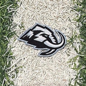 Puede incluir: Parche bordado con la cabeza de un bisonte estilizada en negro, blanco y azul claro. El parche tiene un diseño similar a una montaña sobre el bisonte. El parche está sobre una superficie blanca y verde.