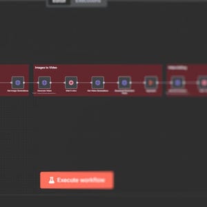 May include: A dark gray interface with a workflow diagram. The diagram shows a series of connected nodes in red rectangles, labeled "Images Generation" and "Images to Video." An orange button at the bottom reads "Execute workflow."