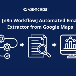 May include: White line art graphic on a dark blue background. The graphic depicts a workflow with gears, documents with a magnifying glass, and a computer monitor displaying a chart. Text reads "[n8n Workflow] Automated Email Extractor from Google Maps."