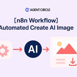 Op de afbeelding: Infographic met de tekst "[n8n Workflow] Automated Create AI Image" en het Agent Circle-logo. De afbeelding toont een workflow van een tandwielpictogram naar een AI-pictogram, vervolgens naar een afbeeldingspictogram met een berg en een downloadsymbool.