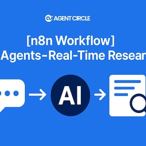 Puede incluir: Gráfico azul con el texto "AGENT CIRCLE" y "[n8n Workflow] AI Agents-Real-Time Research." La imagen muestra un diagrama de flujo de trabajo con una burbuja de diálogo, un símbolo de IA y un documento con una lupa.