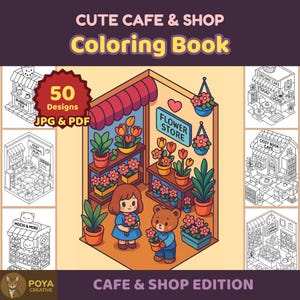 50 páginas para colorear de cafeterías y tiendas, fachadas de tiendas kawaii y cafeterías acogedoras, libro para colorear imprimible, tamaño carta de 8,5 x 11 pulgadas, descarga instantánea