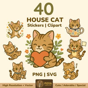 House Cat Digital Stickers, 2D flat cat clipart, goodnotes stickers, cute cat png, cat digital journaling set, transparent, Cat Vector SVG