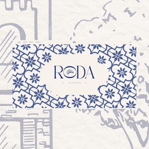 May include: A website design featuring the word "RODA" in a serif font, with a floral design in blue and white. The website's background has a repeating blue and white floral pattern. The website's navigation bar includes "HOME", "ABOUT", "ORDER", and "CONTACT".