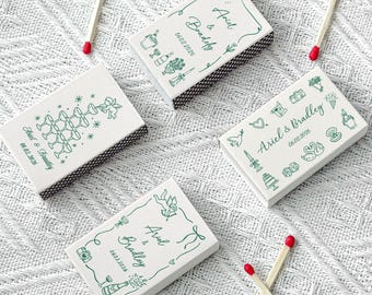 Custom Wedding Match Boxes, Heart Cocktail Bow Matches, Bridal Shower Favors, Bulk Wedding Favors, Personalized Matches Green Vintage Theme
